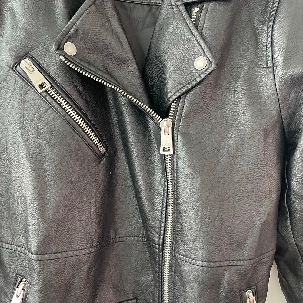 Levi's Women's Large Black Faux Leather Moto Jacket Belted Biker Zip - Picture 5 of 16
